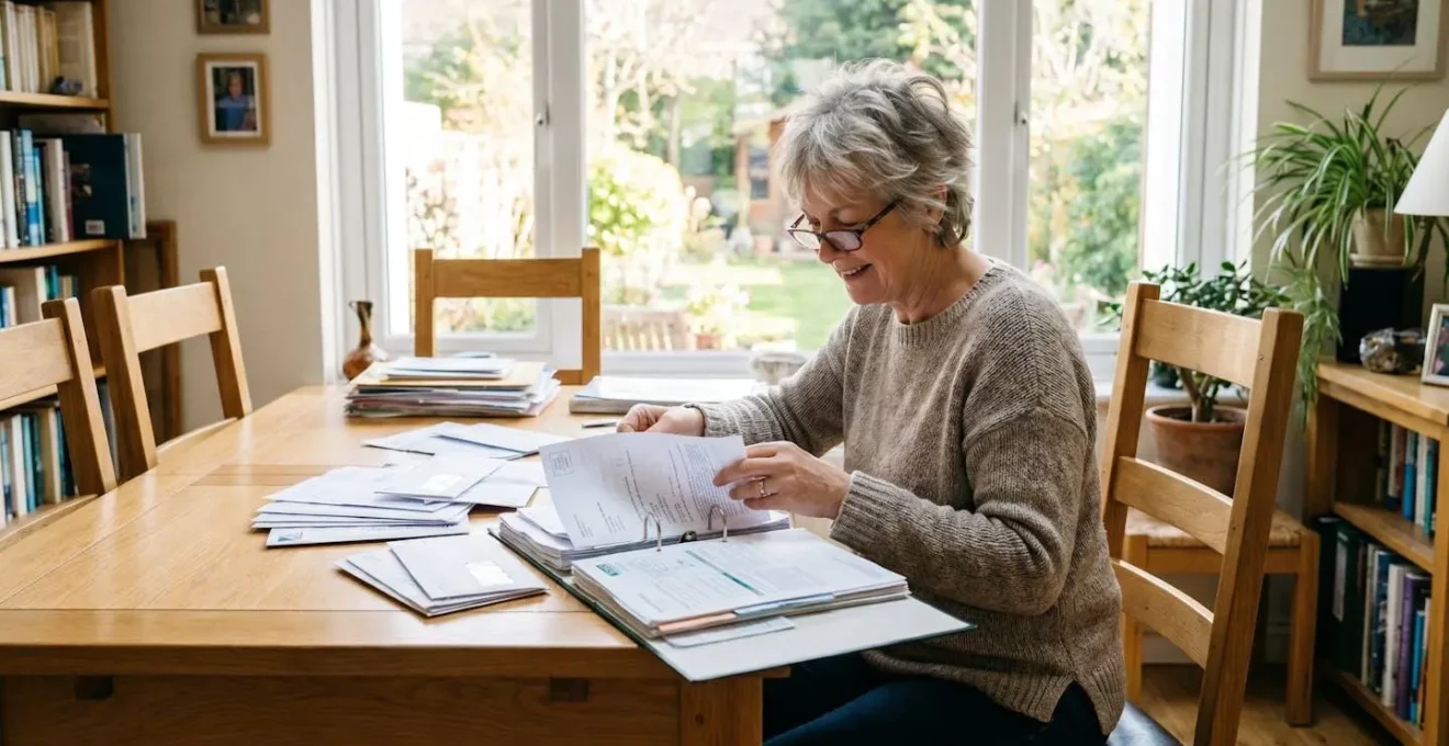 Une femme senior retraitée examine attentivement des documents de complémentaire santé posés sur une table lumineuse