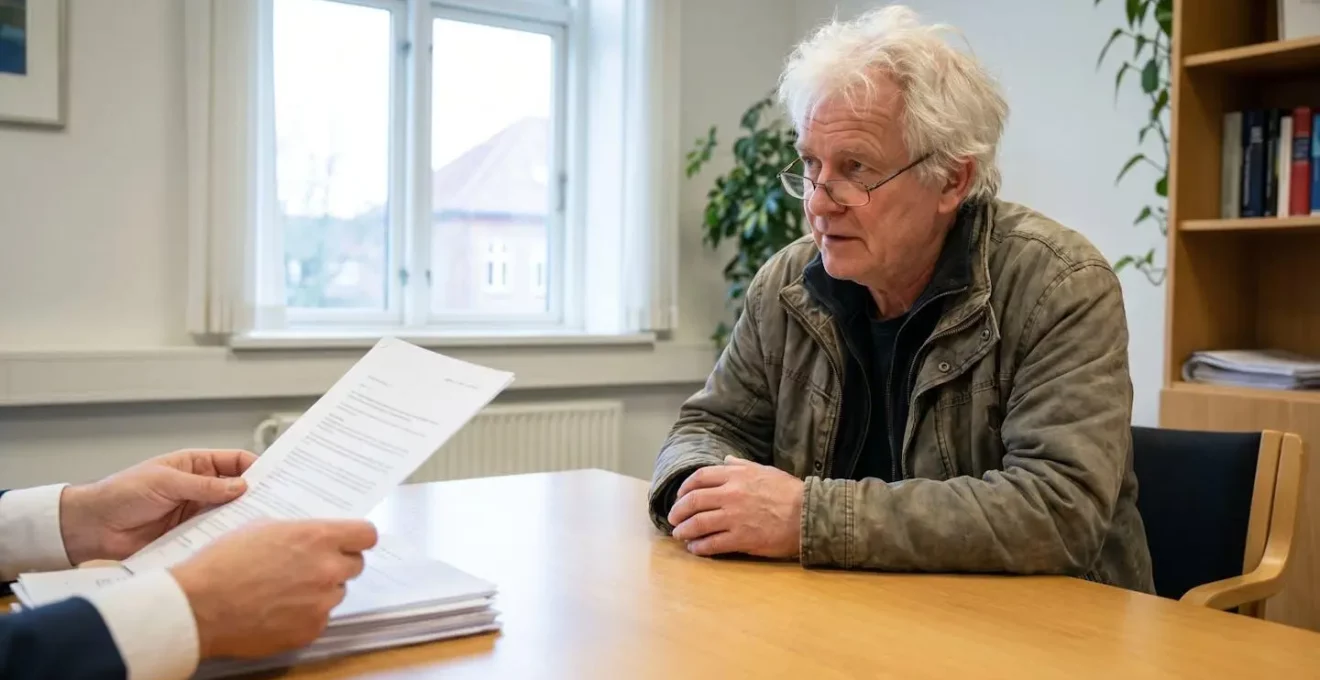 Un homme senior d'environ 67 ans échange avec un conseiller indépendant dans un cadre neutre et professionnel, document en main